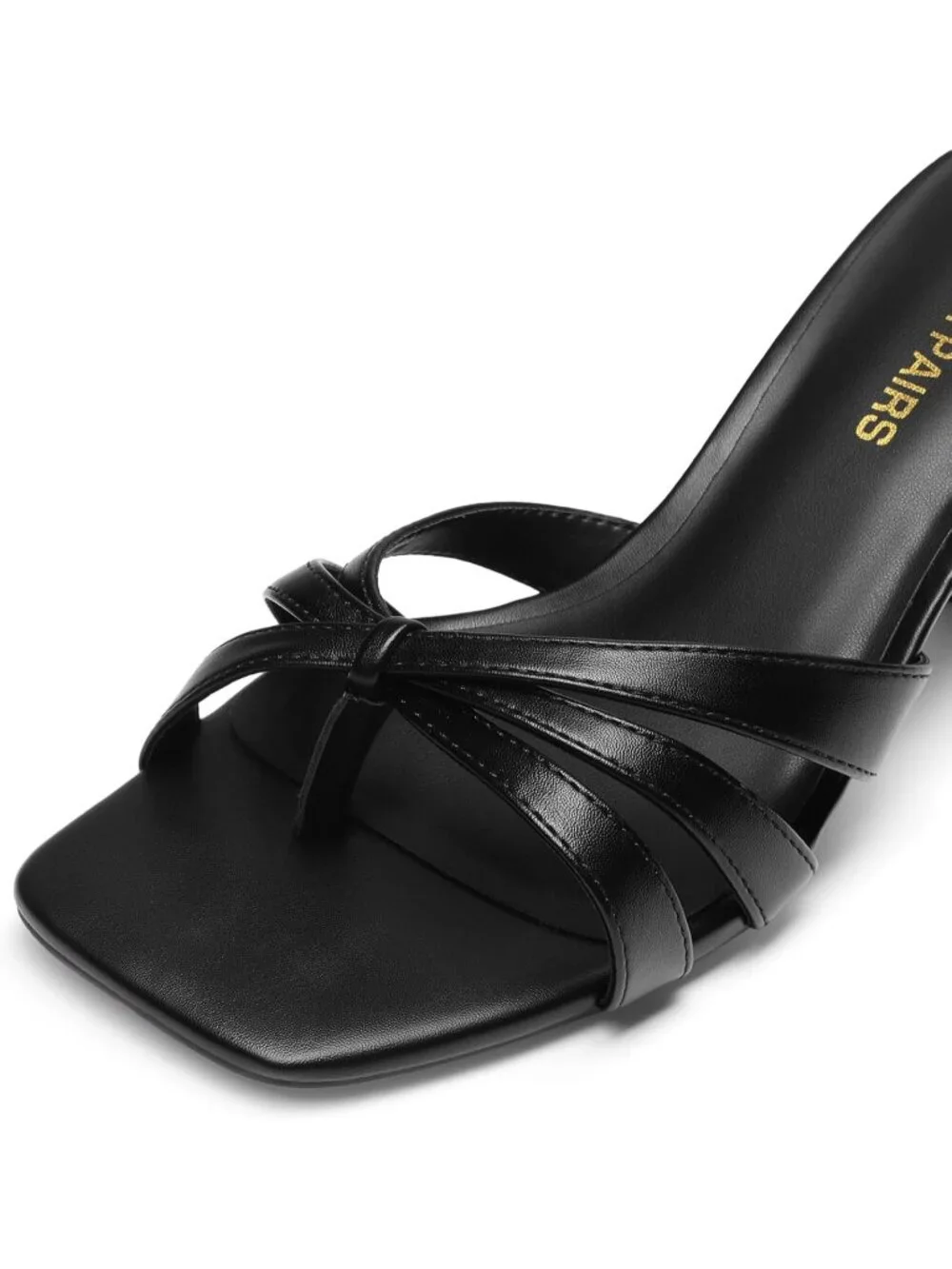 Women's Black Faux Leather Square Open Toe Thong Mules Strappy Kitten Heels